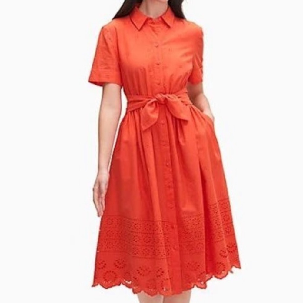 Kate Spade like new shirt dress w/ eyelet detail, scalloped edge hem & tie waist